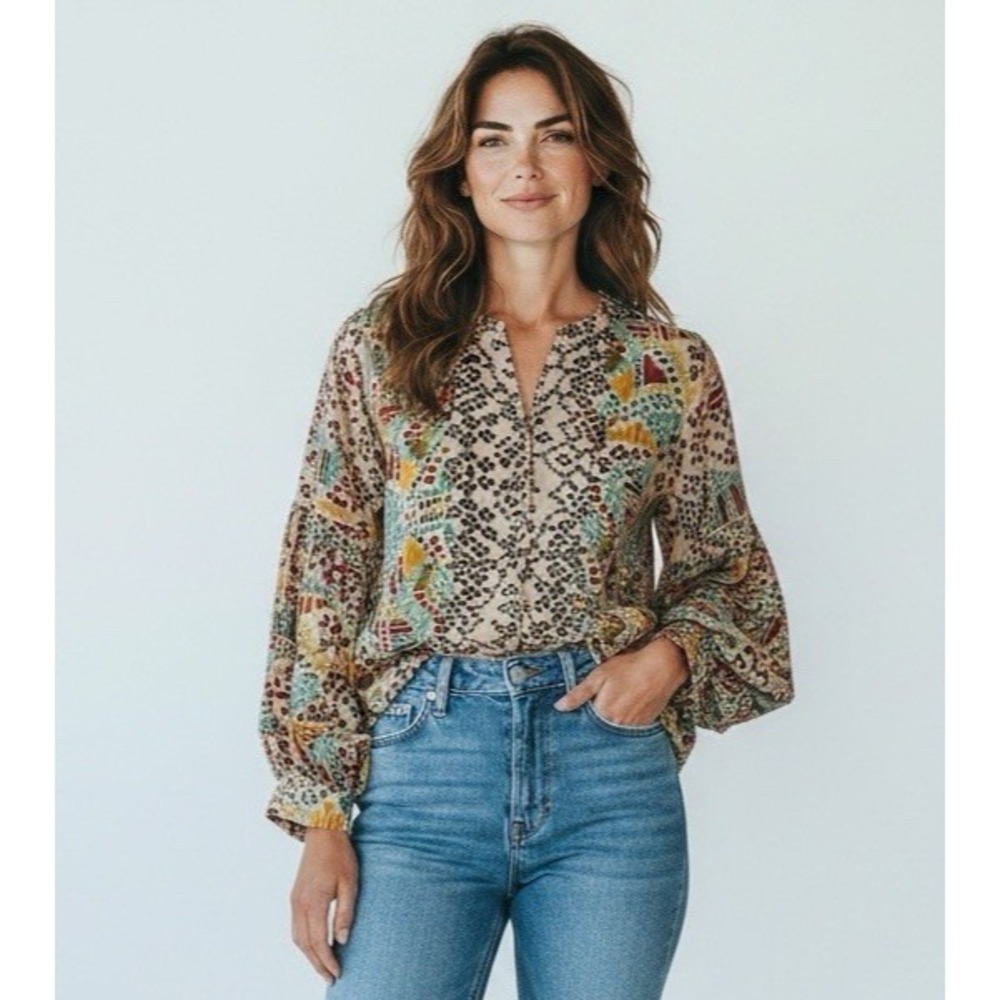 Johnny Was Women's XL Malina Mosaic Button Up Lantern Sleeve Blouse Multi NEW